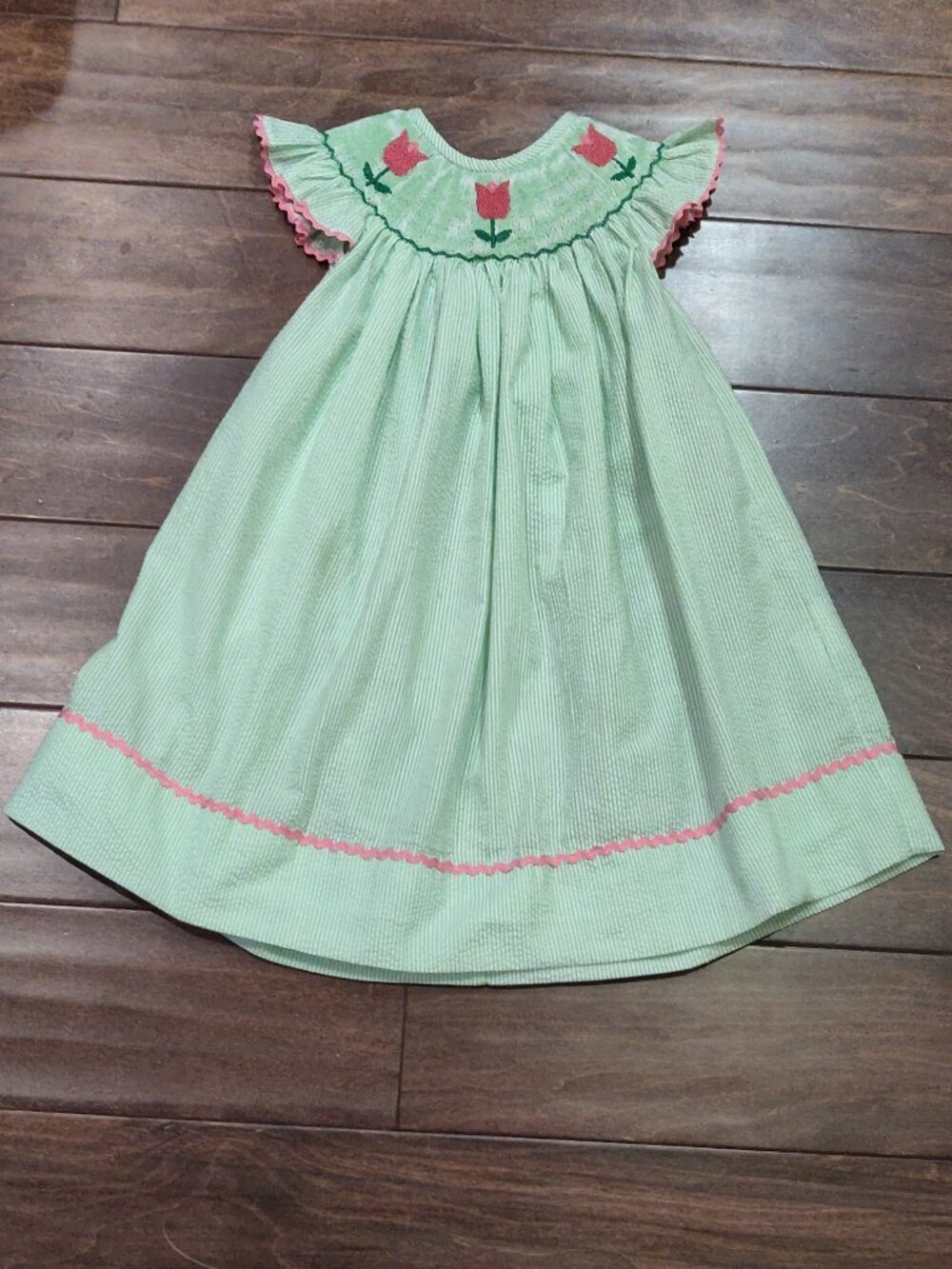 Barefoot Smocked Tulip Green & White Seersucker Dress Size 24 Months